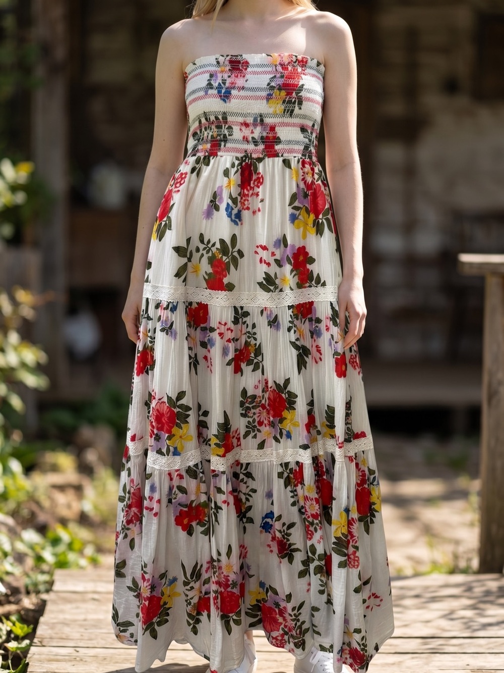 Floral Strapless Cotton Boho Cottagecore Maxi Dress, Size Small